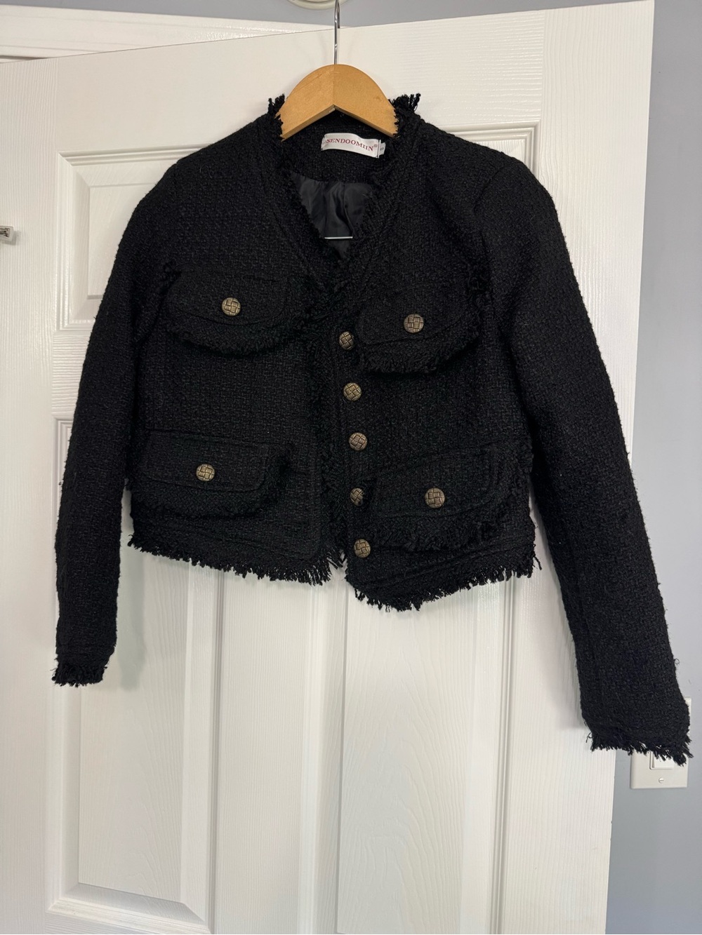 Tailored Black Tweed Fringed Button Jacket